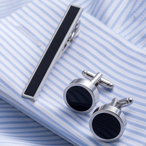 Stainless Steel Round Cuff Links Tie Clip Set - Picture 1 of 6
